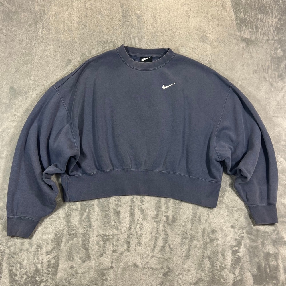 NIKE Sportswear Essential Fleece Crew Cropped Sweatshirt Womens XS Blue Oversize